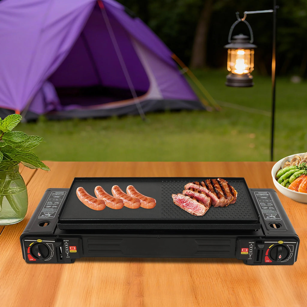 2 Burners Portable Camping Stove, 2.5KW Auto Ignition Butane/LPG Gas Stove w/Baking Tray+Carrying Case for RV Outdoor Picnic BBQ
