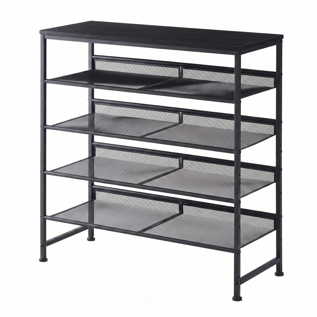JHK 5-Tier Metal Shoe Storage Cabinet Free Standing Storage Organizer Holds 16-20 Pairs for Closet Shoe Storage Shelf with Adjustable Mesh Shelves and Wooden Top for Space Saving Cabinet Home