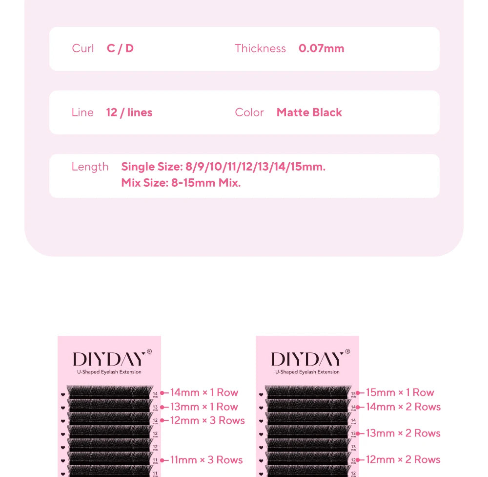 DIYDAY U-shaped YY Eyelash Extension Premium PBT Double Layer U-Shaped YY Lashes Ultra Soft Featherlight False Mink UY Eyelashes