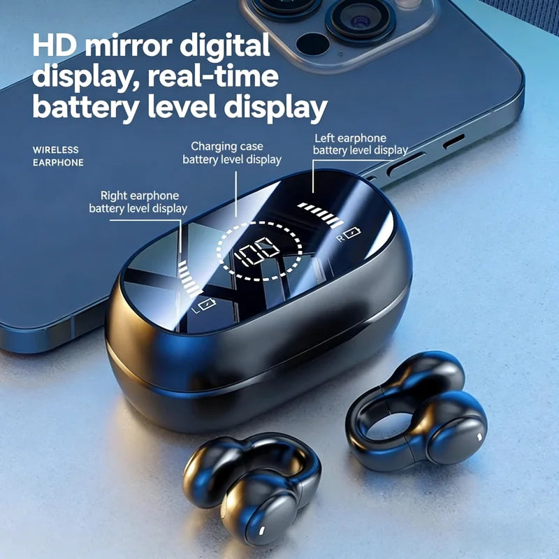 Sports Bluetooth Ear Clip Headphones LED Mirror Screen, HiFi Lossless Sound, Noise Cancelling, Soft Silicone Comfort Earphones