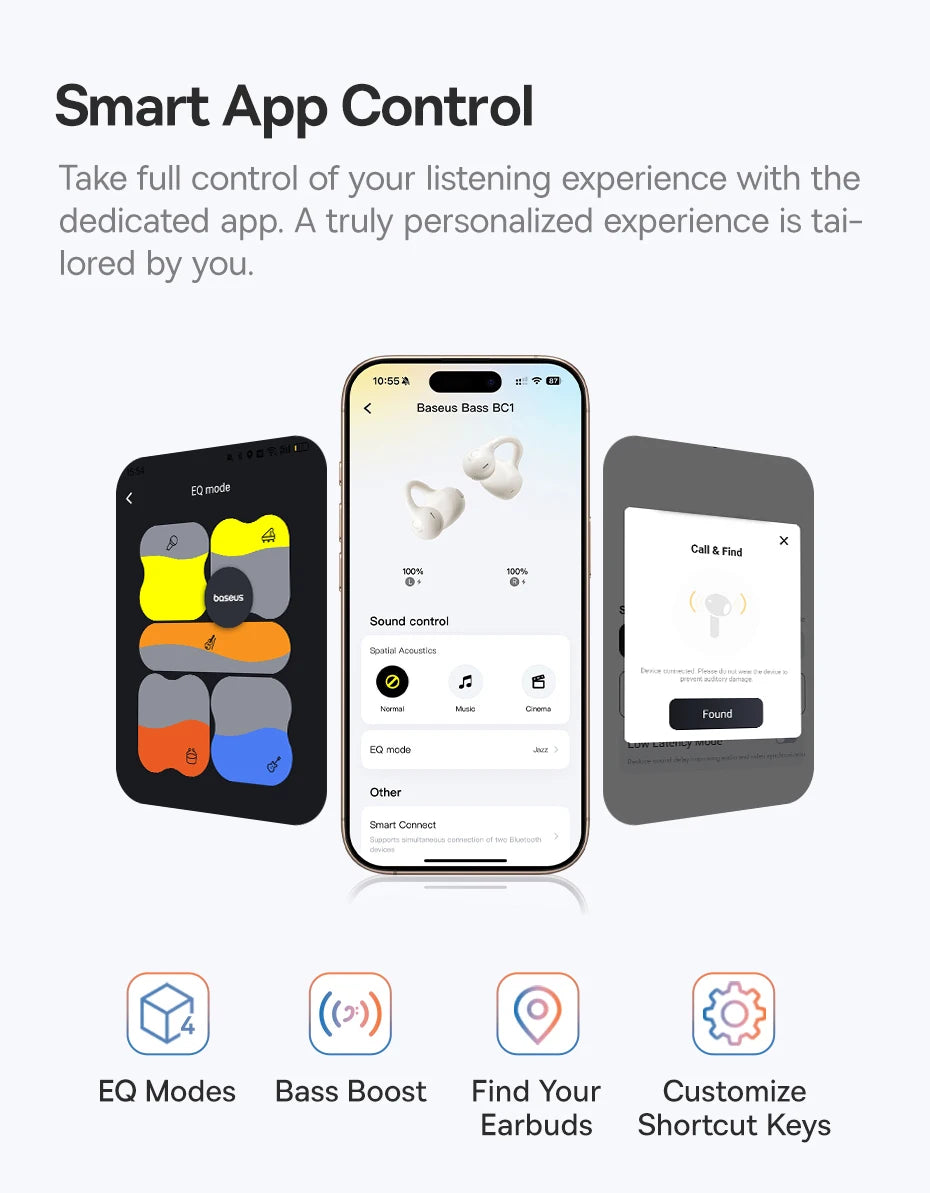 Baseus Bass BC1 Open Ear Earbuds Clip-On Headphones Open-Ring Comfort Clip Earphones SuperBass 4-Mic Clear Calls Sports Earbuds