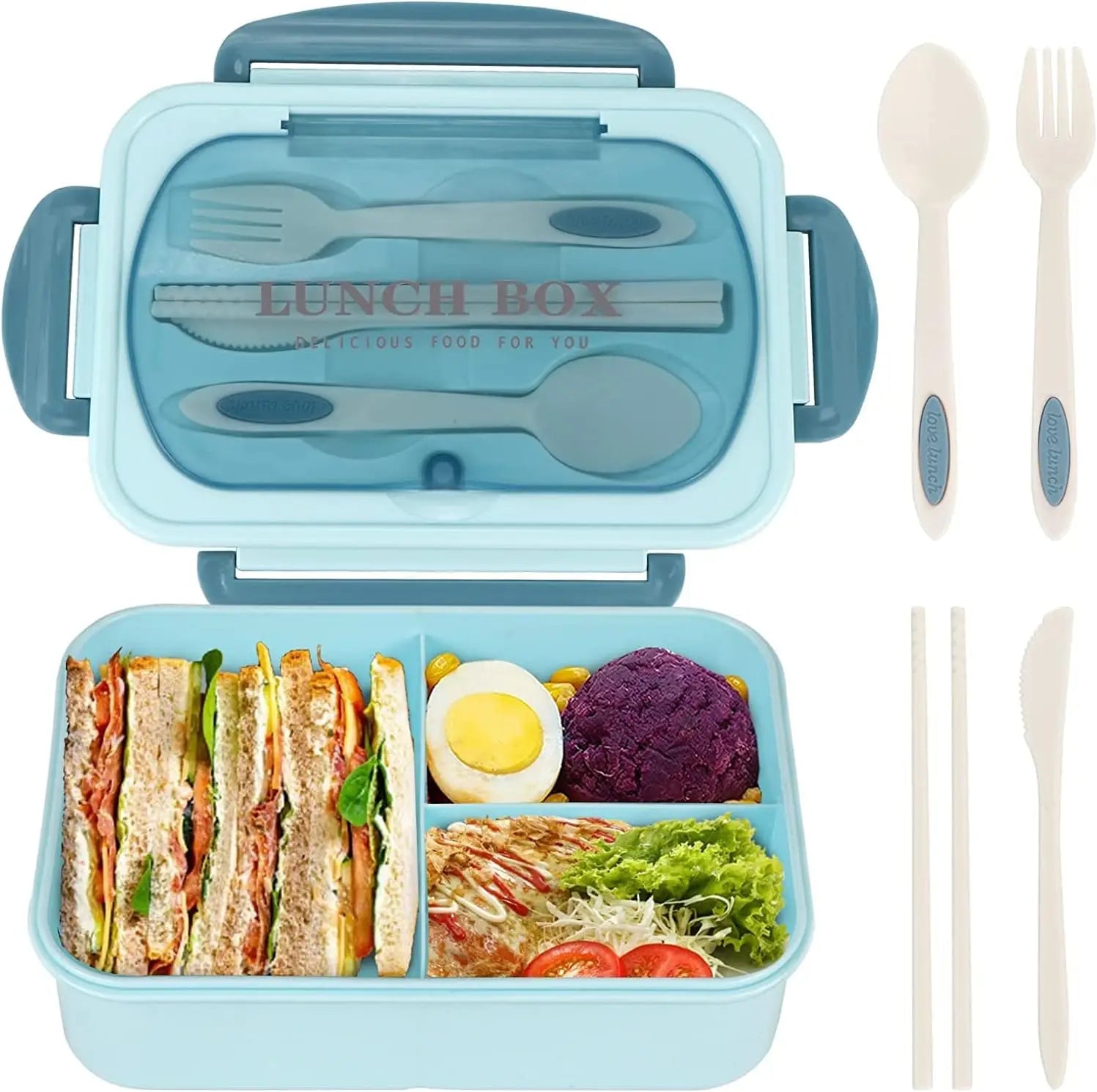 1200ML Lunch Bento Box for Adults Office Worker Picnic LeakProof Lunch Box with Utensils 3 Compartment Bento Box Microwave Safe
