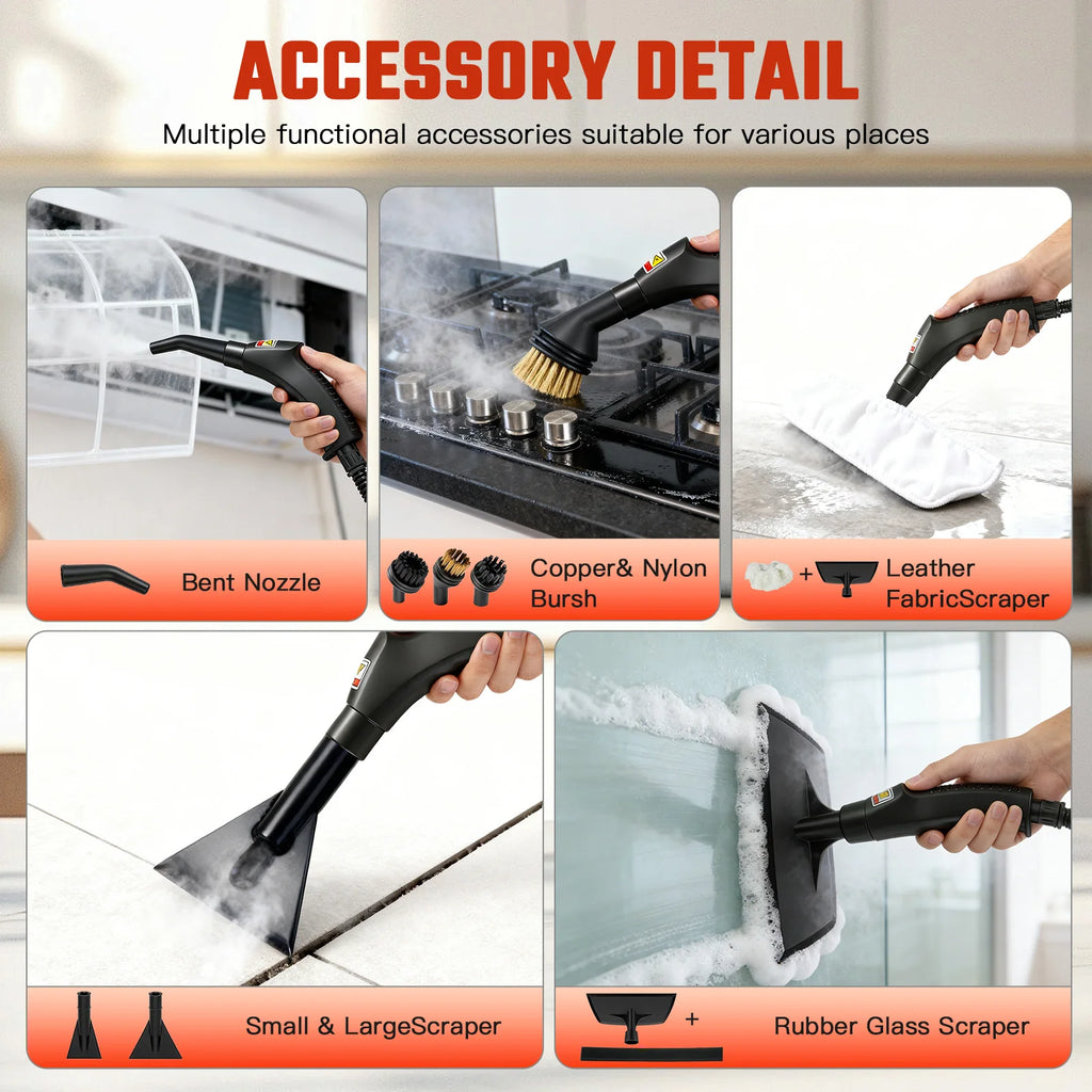Portable Steam Cleaner 2500W 1200ML Handheld Air Conditioner Kitchen Hood High-Temperature 105°C Adjustable 6 Levels 20 Accessories Car Cleaning Machine Home Appliances