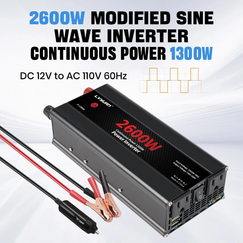 Car Power Inverter 1500W 2000W 2600W 6000W DC 12V To AC 120V Transformer with Dual Socket Charge,2×3.1A USB Port.