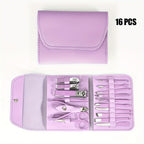 Professional 16-In-1 Purple Nail Care Set, With A Foldable PU Leather Case, Complete With Care And Trimming Tools. Stainless Steel Nail And Pedicure Tools, Portable Travel Nail Set, Suitable For Home, Business Trips, And Dail