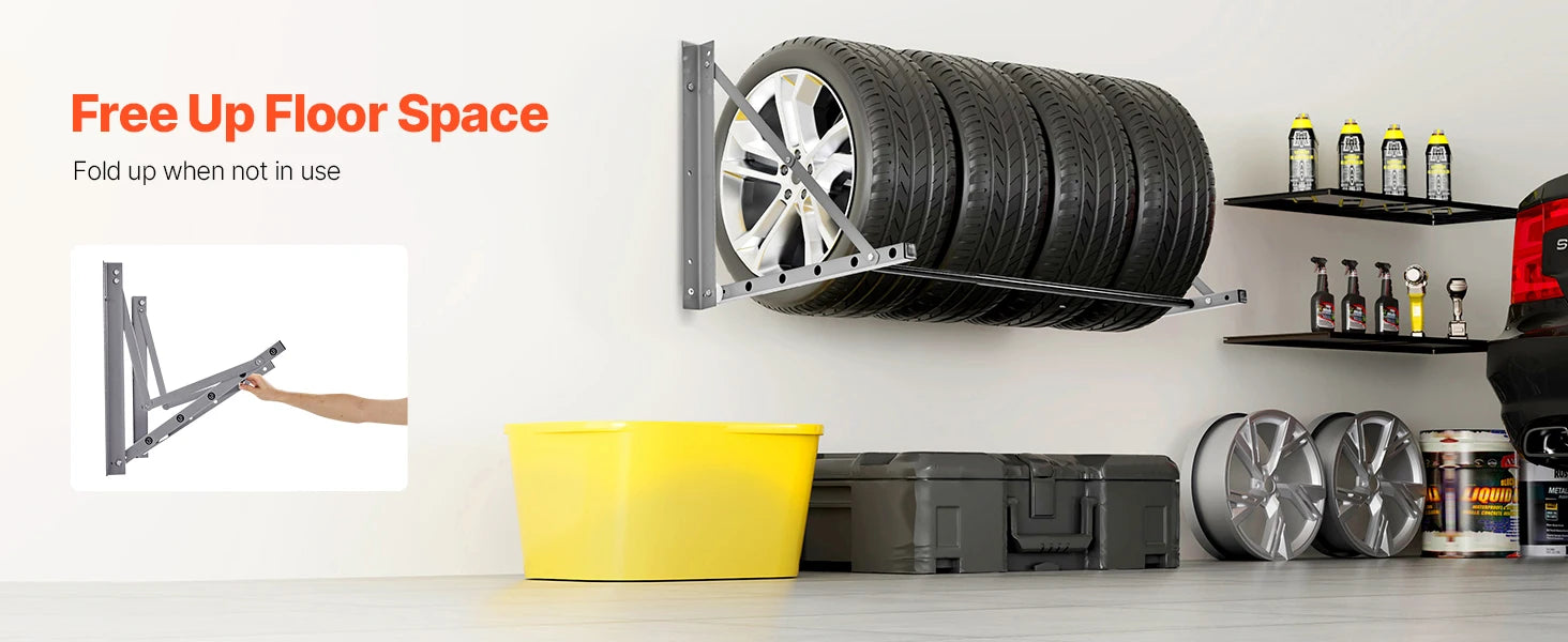SucceBuy Wall Mounted Folding Tire Rack, 32" - 48" Adjustable Tire Rack, Steel Tire Storage Rack for Garage Workshop Repair Shop