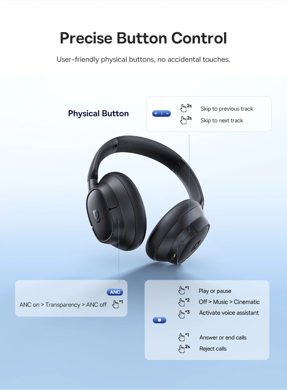 Baseus Bass Wireless Headphones Bluetooth 6.0 98% Noise Canceling Over Ear Headset Spatial Audio Earphone 80H Time