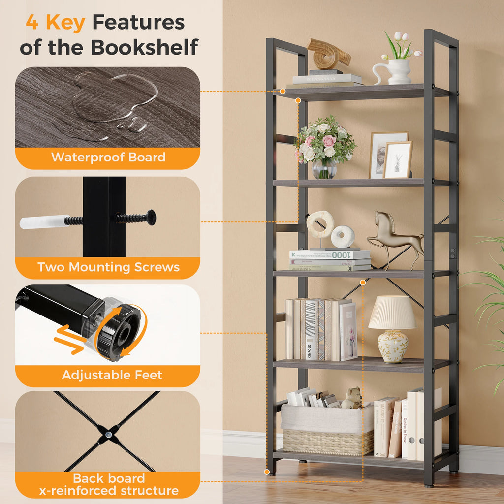 MCQ Wooden Storage Standing 5 Tiers Display Bookshelf Sturdy Structure Graduated Shelves Adjustable Feet for Living Room