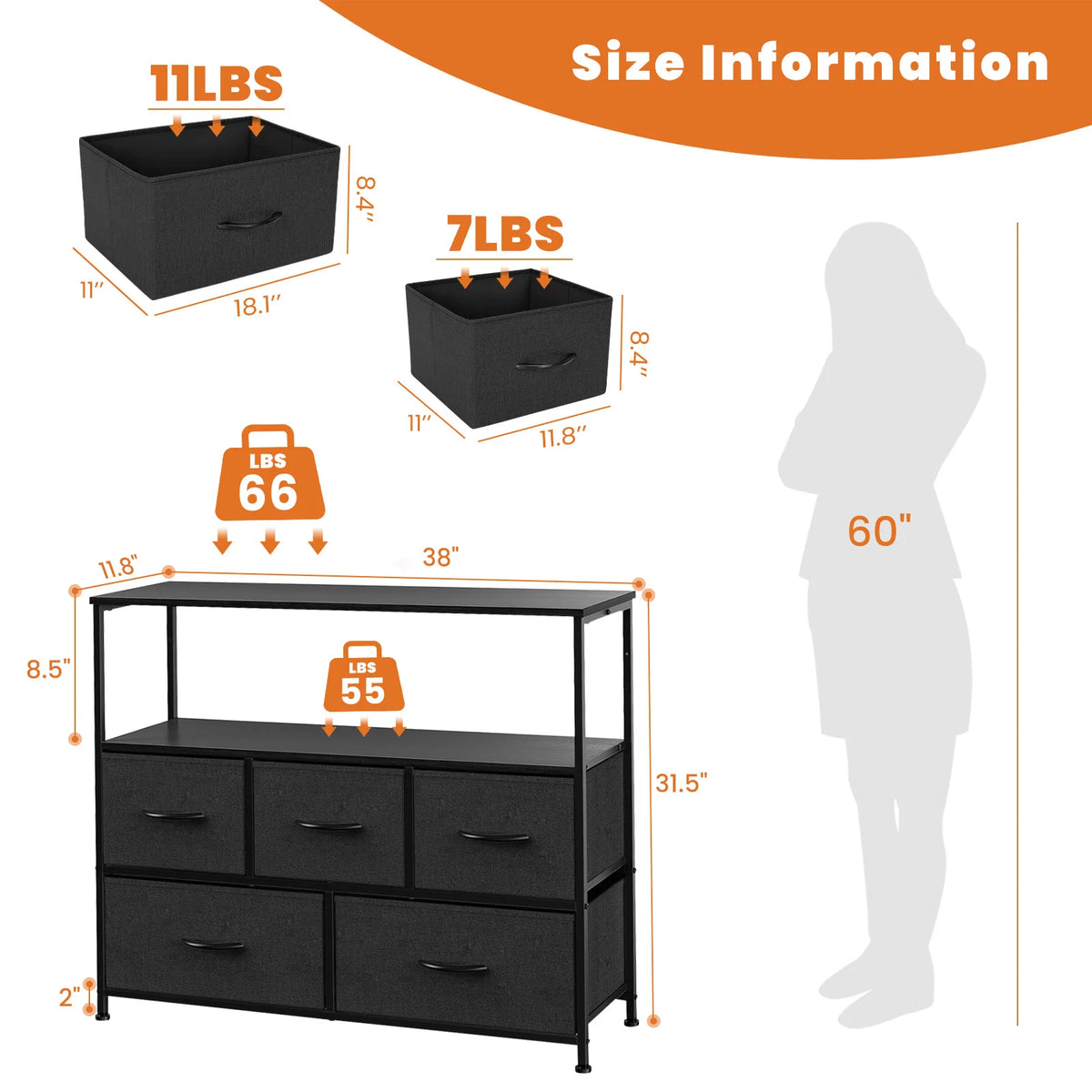 JHK Shoe Cabinet Dresser With 5 Fabric Drawers Toy Storage TV Stand Multilayer Shoe Rack Space Saving Cabinet Of Home Furniture