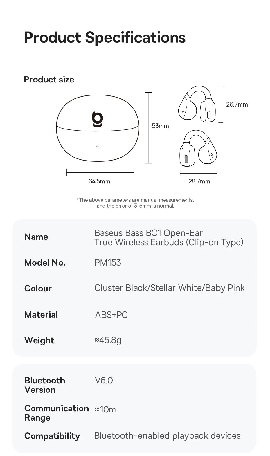 Baseus Bass BC1 Open Ear Earbuds Clip-On Headphones Open-Ring Comfort Clip Earphones SuperBass 4-Mic Clear Calls Sports Earbuds
