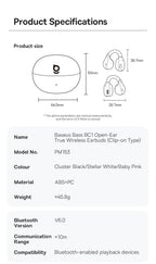 Baseus Bass BC1 Open Ear Earbuds Clip-On Headphones Open-Ring Comfort Clip Earphones SuperBass 4-Mic Clear Calls Sports Earbuds