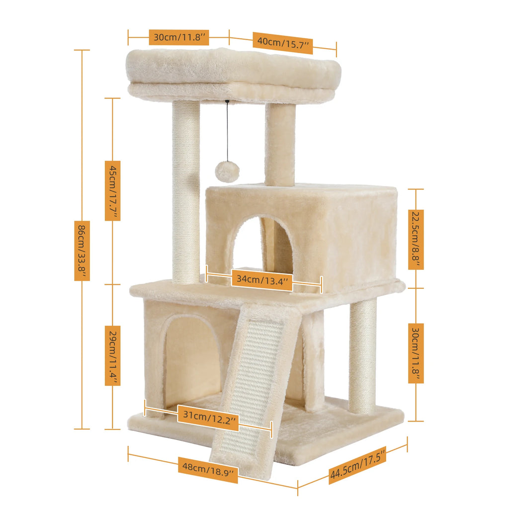 Cat Tree Multilevel Cat Tower with Double Condos, Spacious Perch, Fully Wrapped Scratching Sisal Post and Replaceable Balls