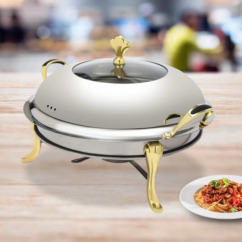 Round Gold Chafing Dish for Buffet 2.64QT Stainless Steel Food Warmer w/ Lid & Handle, Buffet Warmer Chafers  for Parties, Weddings, Catering