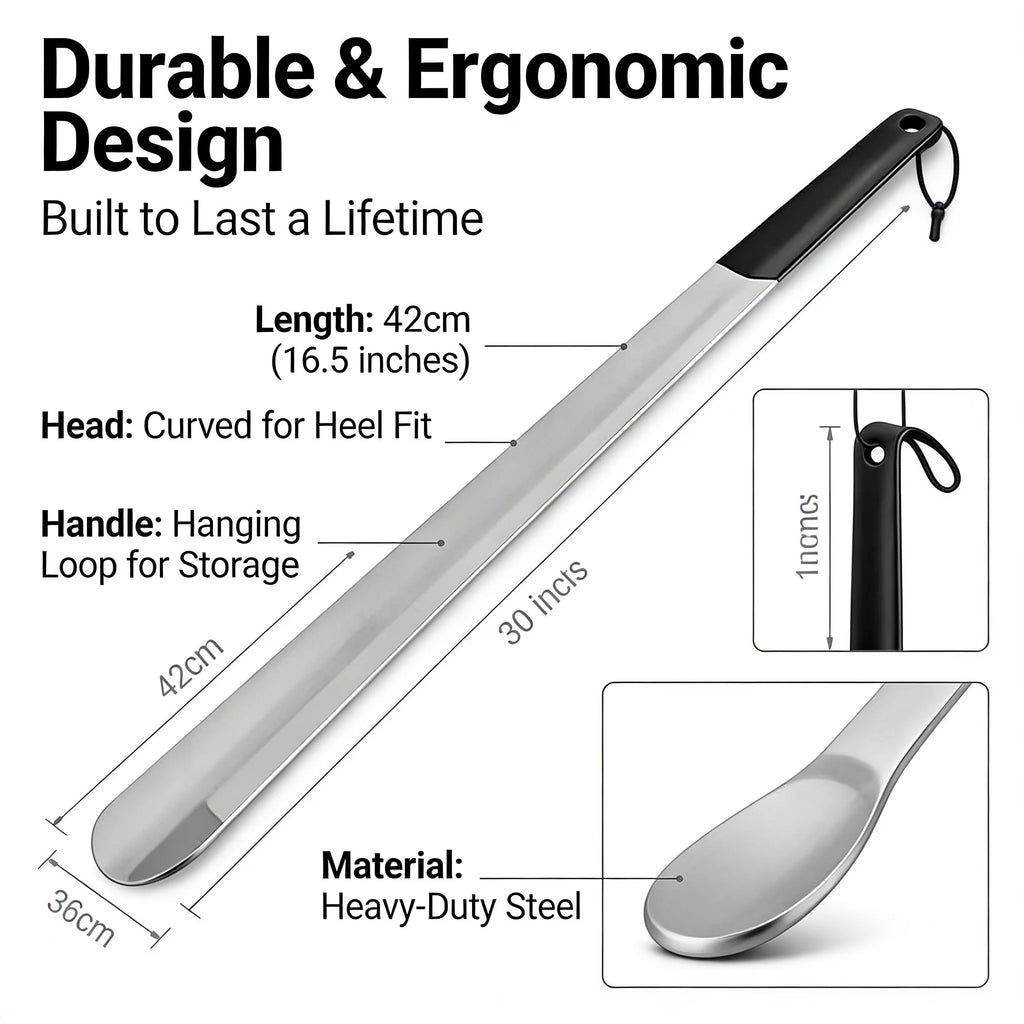 Long Handle Shoe Horn Set of 2, 13 & 16 Inch, High Quality Metal with Ergonomic Handle, Makes Putting on Shoes Effortless