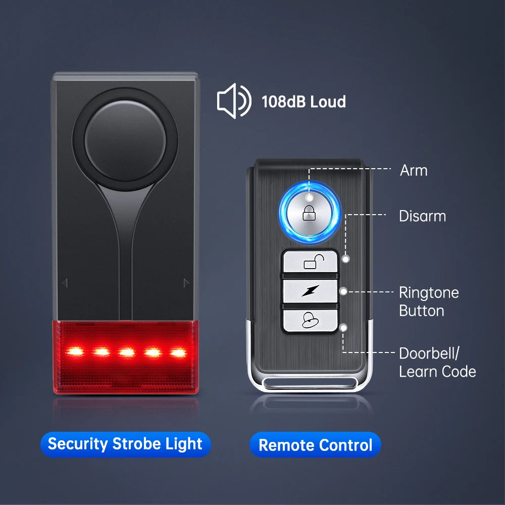 Wireless Car Vibration Burglar Alarm With Light 108dB Loud Car Door And Window Anti Theft Alarm Bike Motorcycle Security Alarm