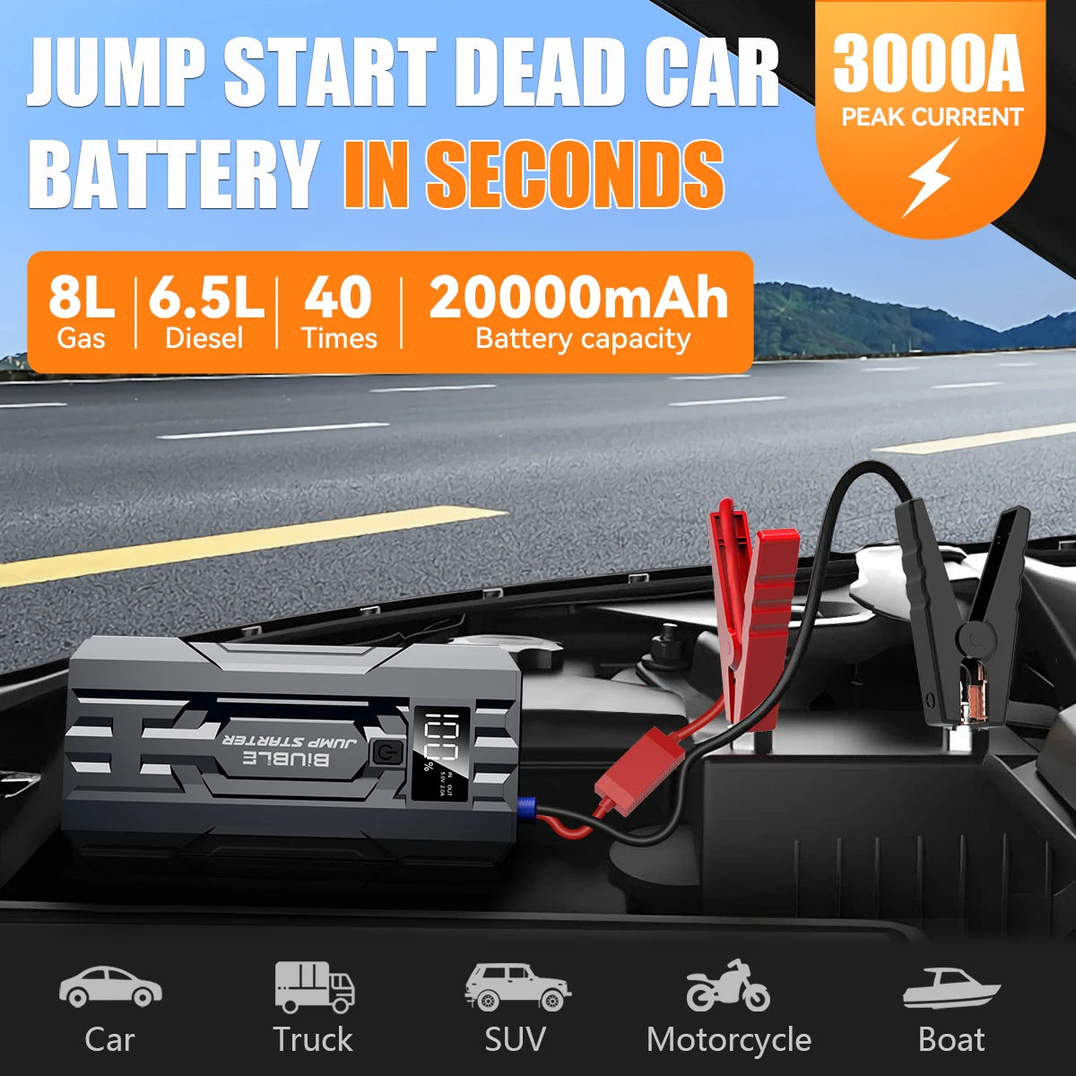 Car Emergency Start Power 12V Vehicle Rescue, Ordinary Clamp, 20000mAh Capacity, Portable Battery for Car Starting