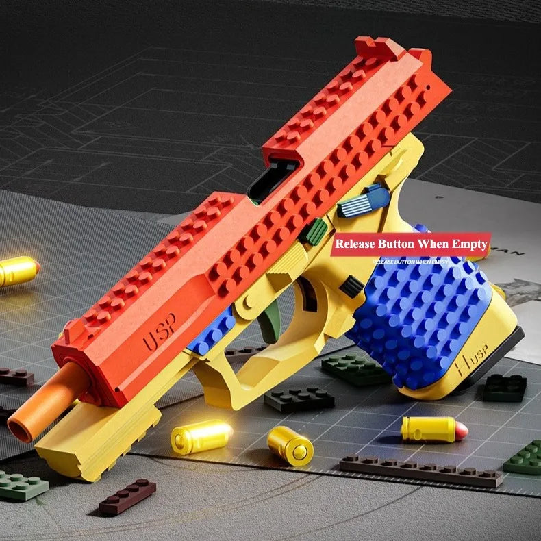 SIG17/USP Building Block Toy Gun Shell Throwing Continuous Firing Airsoft Blowback Empty Hanging Toy Pistol for Outdoor CS Game