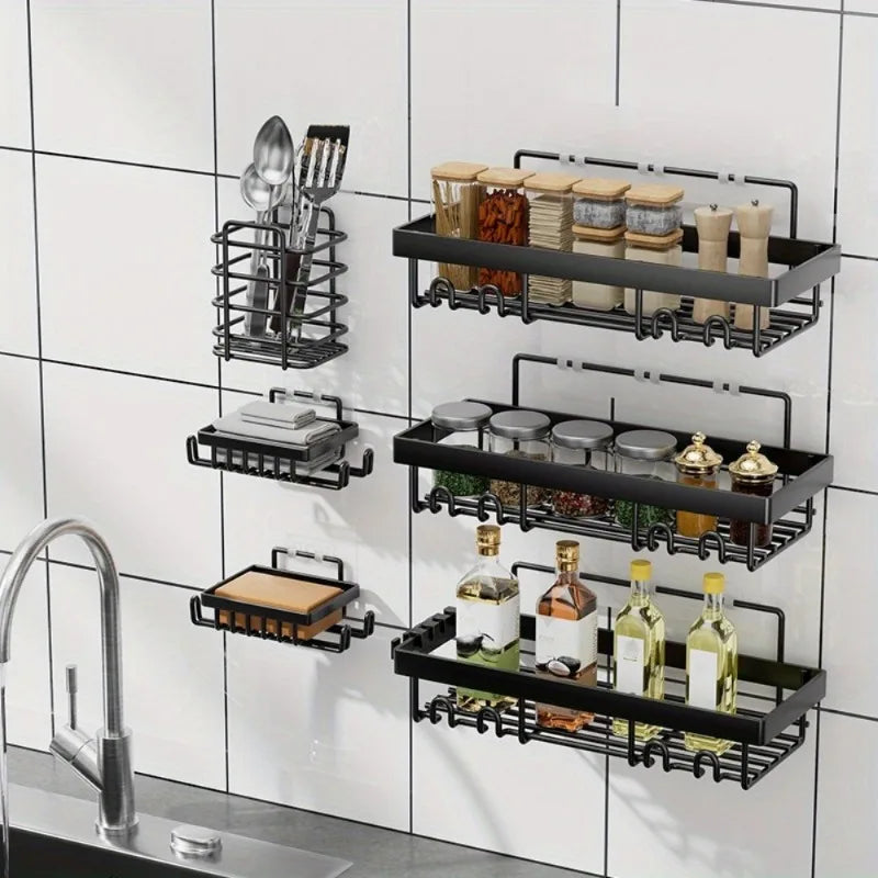 6 Pack Shower Caddy Shelf Organizer Rack, Self Adhesive Black Bathroom Shelves Basket, Bathroom Accessory Decor Set, No Drilling