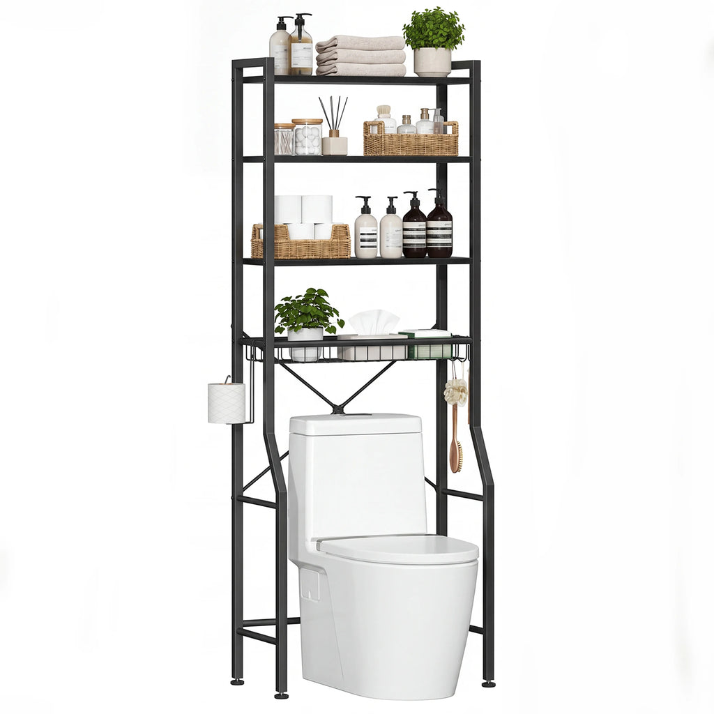 JHK 4-Tier Freestanding Bathroom Organizer Shelf Over Toilets with Adjustable Storage Rack Shelf and Basket Space Saver Above Toilet Storage Cabinet with 3 Hooks for Rooms