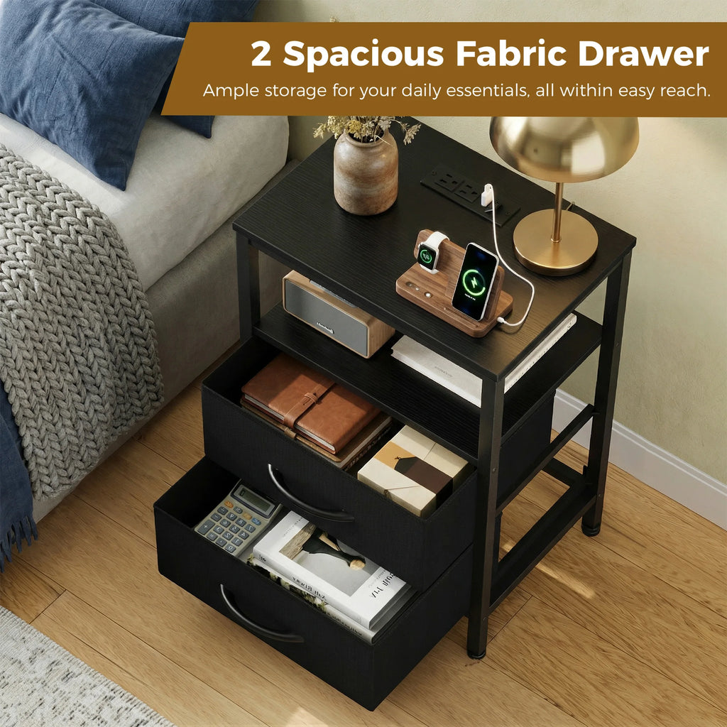 JHK 2 Fabric Drawers Night Stand with Open Shelf Bedside Table with USB Ports Charging Station Storage End Table for Living Room