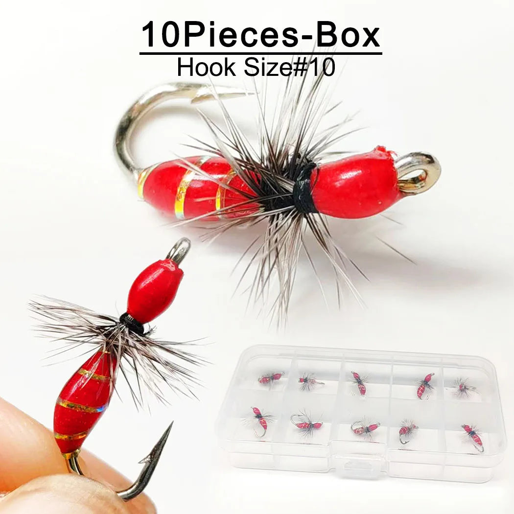 10Pcs-Dry Flies Artificial Bait Fly Fishing Flies Red Griffith Ant Nymph Bait for Trout/carp Fishing Artificial (with Flies Box)