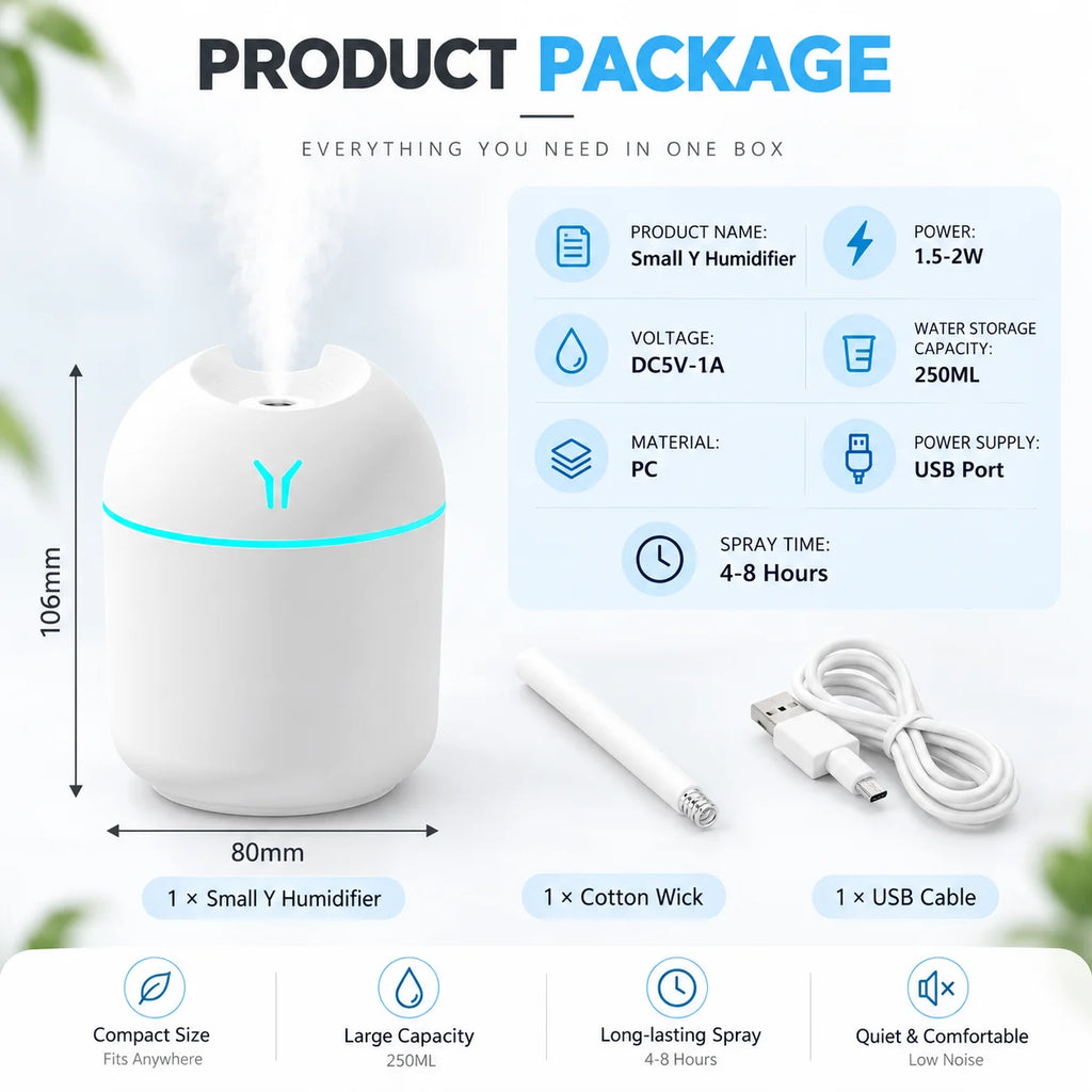 250ML Mini USB Air Humidifier Aroma Diffuser Essential Oil Cool Mist Maker RGB LED Night Light Quiet for Home Car Office Bedroom