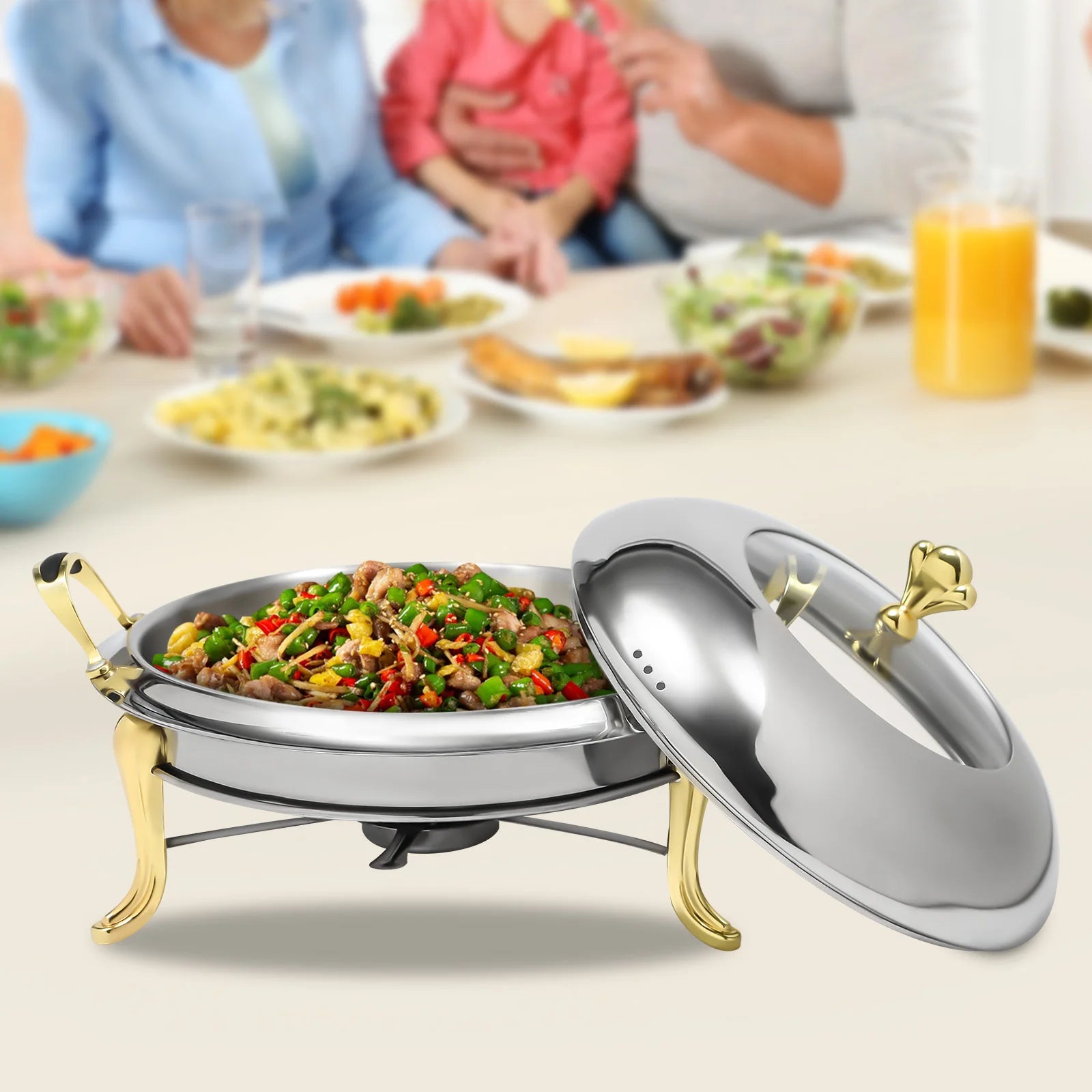Round Gold Chafing Dish for Buffet 2.64QT Stainless Steel Food Warmer w/ Lid & Handle, Buffet Warmer Chafers  for Parties, Weddings, Catering