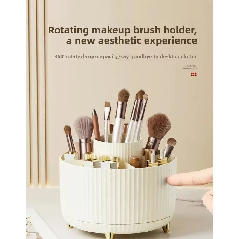 360° Rotating Makeup Organizer Plastic Cosmetic Storage 5 Compartments Multi-Functional Brush Holder Compact Travel Makeup Case