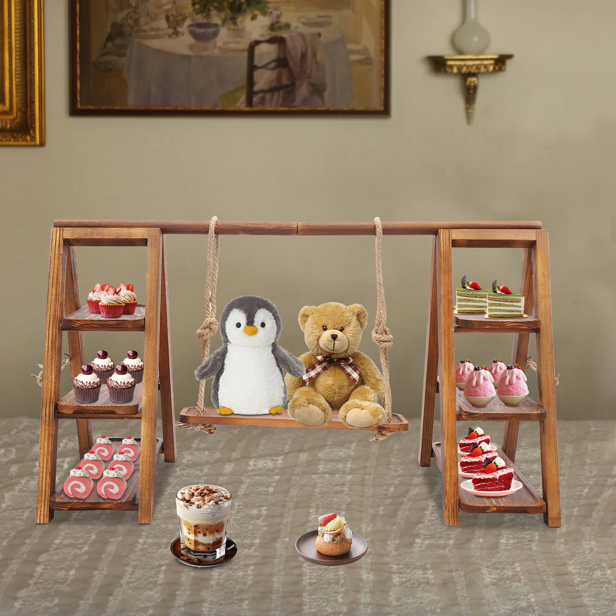 3-Tier Solid Wood Dessert Stand 6KG Load Capacity Detachable Wooden Cupcake Display Rack for Wedding Birthday Party