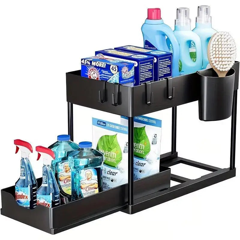 2 Tier Sliding Under Sink Organizer with 5 Side Hooks and 3 Detachable Hanging Baskets,Pull Out Rustproof Metal Storage Rack,Tool Free Assembly,Multi Scene Space Saving Shelf for Kitchen,Bathroom,Laundry Room,Pantry,Apartment