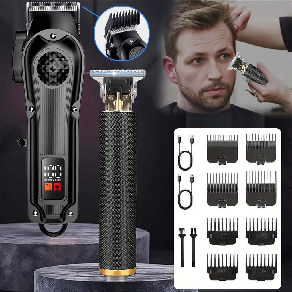 Professional Hair Clippers with LED Display, Cordless Rechargeable Trimmer & T-Blade Shaver for Men, Balding Grooming Kit