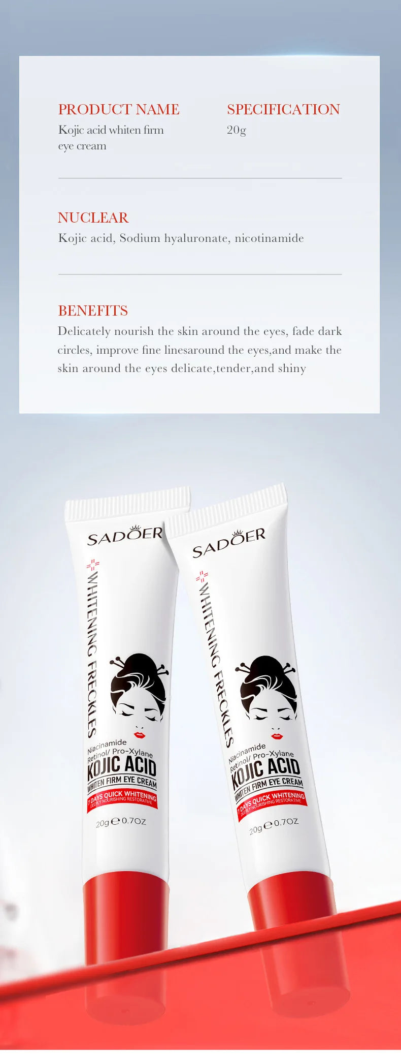 SADOER Kojic Acid Skin Care Sets Moisturizing Freckle Removing Face Cream Anti Dark Circles Eye Cream Travel Size Skin Care