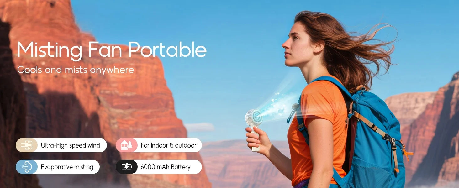 Misting Portable Handheld Fan 6000mAh Rechargeable Battery, Personal Mini Fans with 4 Strong Windfor Travel, Camping, Beach