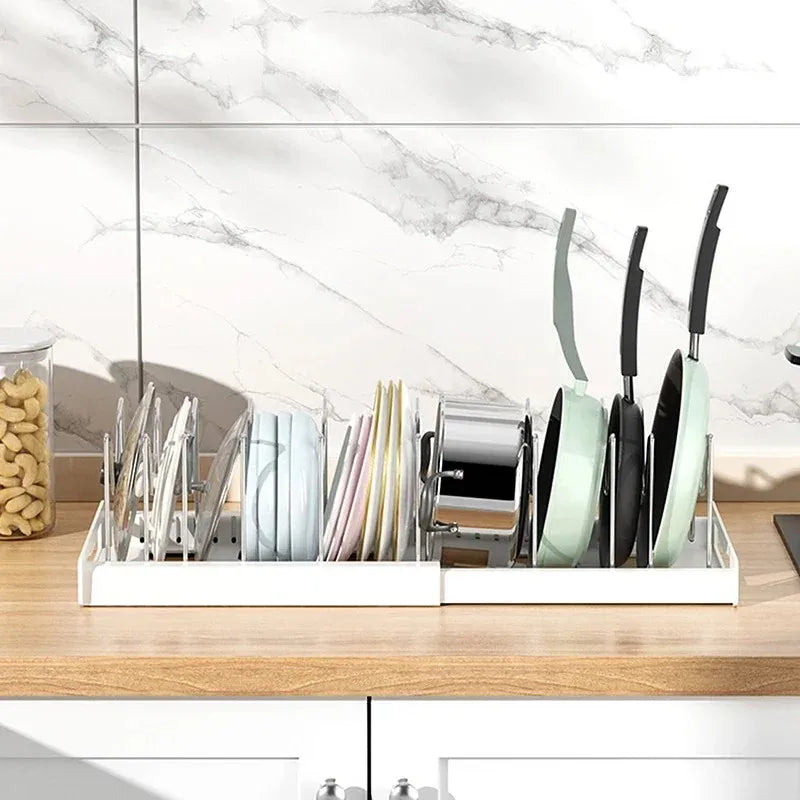 Expandable Kitchen Pot Pan Organizer Under Cabinet with 7 Adjustable Dividers Food Storage Container Lid Storage 1 Pack