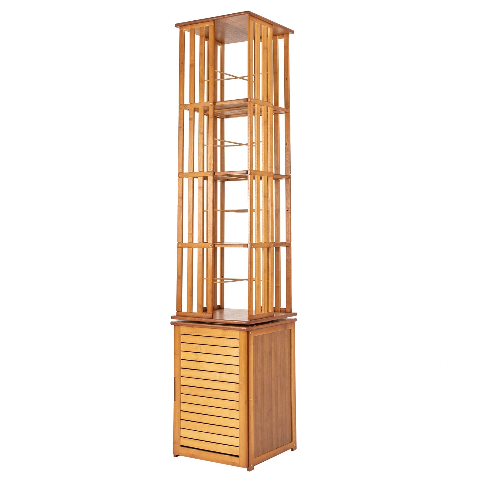 6-Tier Corner Bamboo Book Shelf Waterproof 360° Rotating Storage Display Rack Floor Standing Bookcase Shutter Door Design for Living Room Study Room Office,37*37*172cm