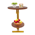Clearance Sale 2-Tier Round End Table 55x55x60cm Gold Walnut with Storage Shelf Metal Frame Side Table with Hardware for Living Room Bedroom Office Home Decor