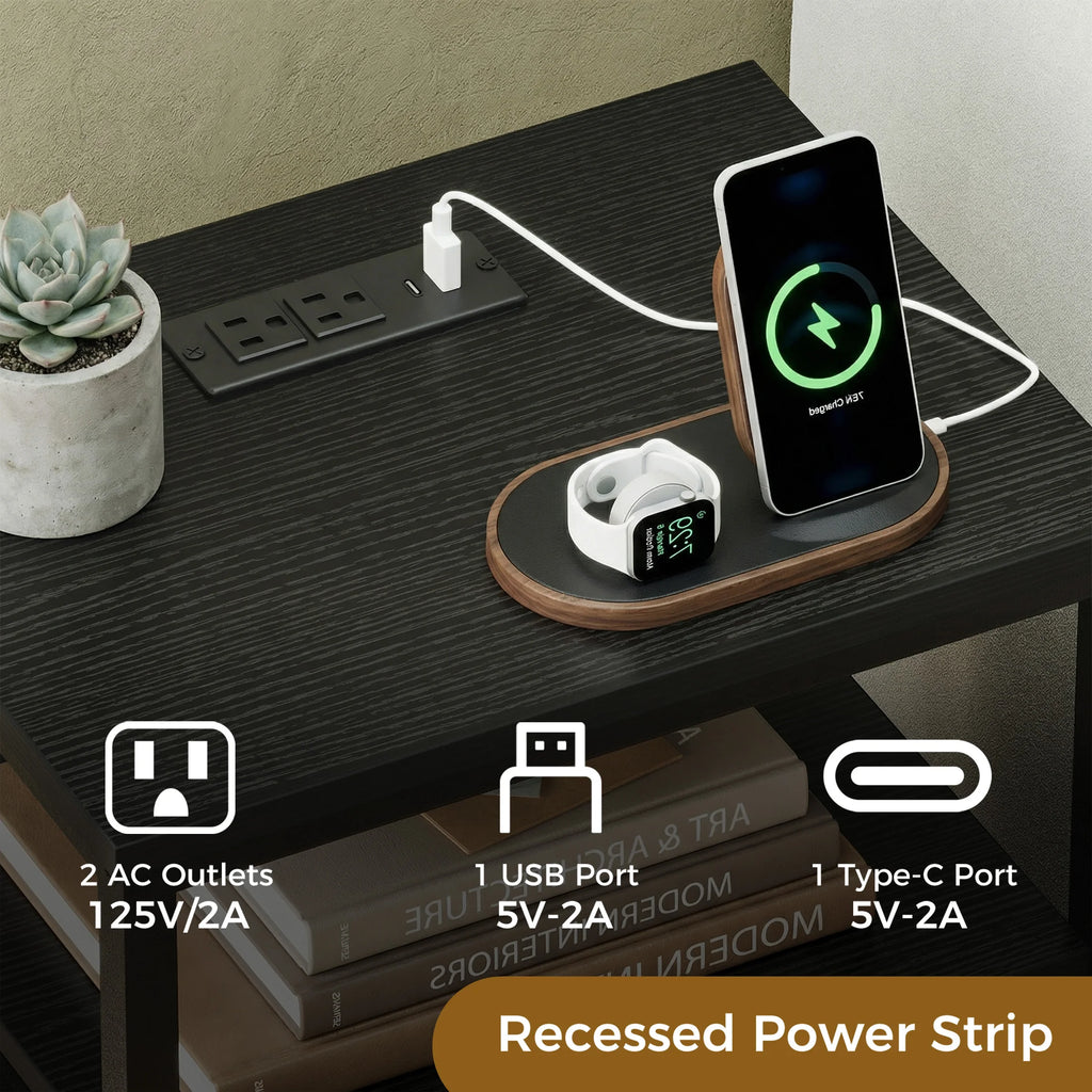 JHK 2 Fabric Drawers Night Stand with Open Shelf Bedside Table with USB Ports Charging Station Storage End Table for Living Room