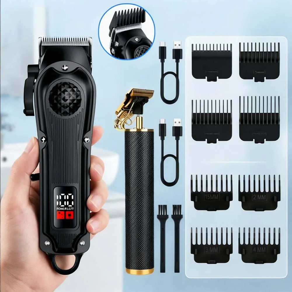 Professional Hair Clippers with LED Display, Cordless Rechargeable Trimmer & T-Blade Shaver for Men, Balding Grooming Kit