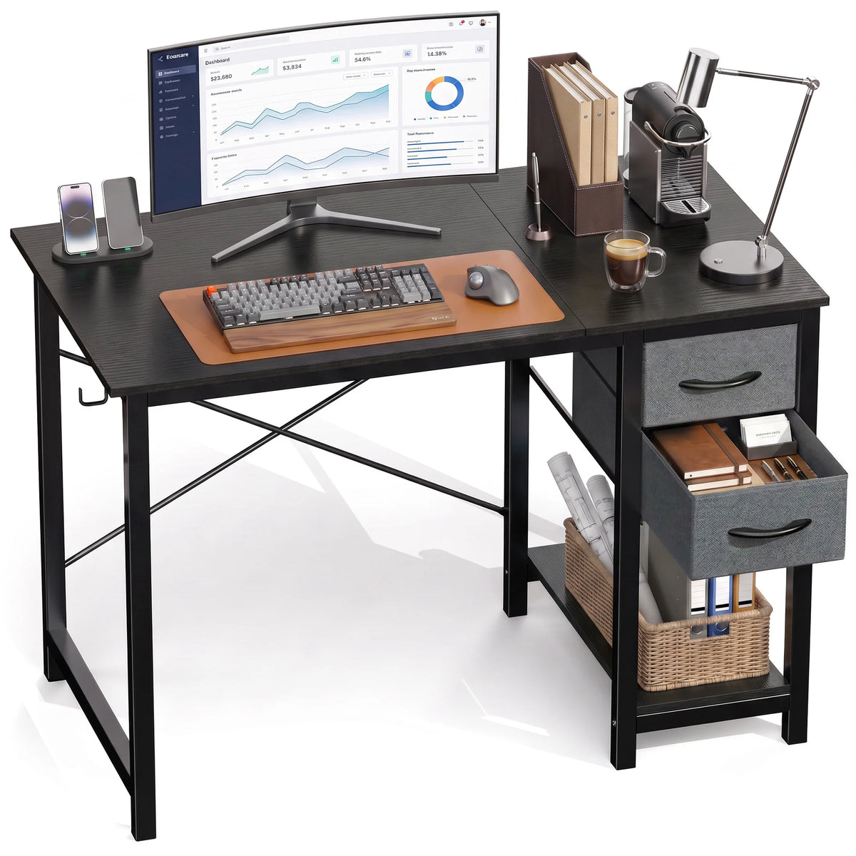 MCQ 40 Inch Standing Office Computer Desk with Drawers and Side Hook Ergonomic Gaming Desk With Storage X‑Frame Stability For Home Office Small Space