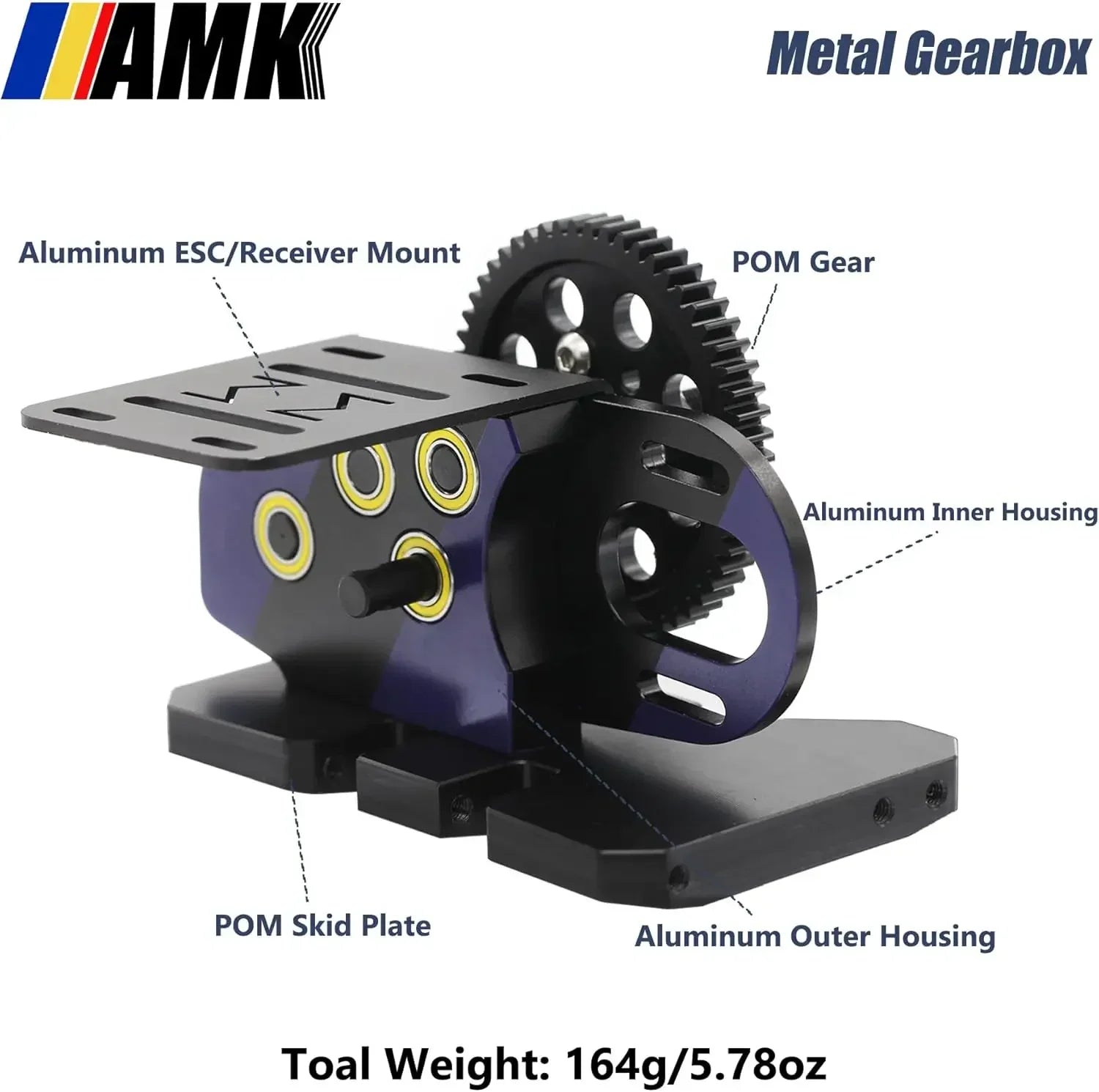 AMK 1/10 Overdrive 30% Metal Differential LCG Transmission with POM Skid Plate for RC Crawler Axial SCX10 Capra Element Gspeed