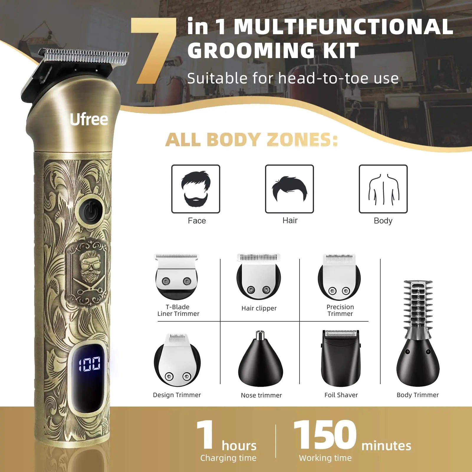 Ufree Beard Trimmer for Men, Electric Razor Shaver, Cordless Hair Clipper Shaving Kit for Mustache Body Nose Ear Hair Facial, Ad