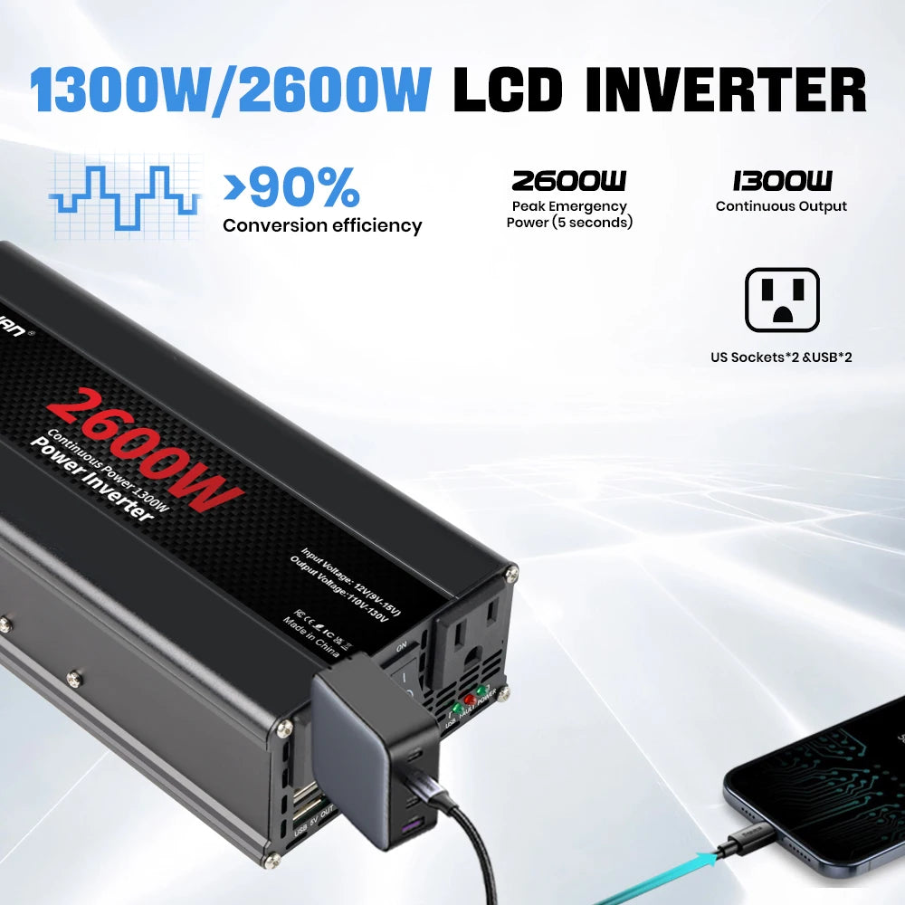 Car Power Inverter 1500W 2000W 2600W 6000W DC 12V To AC 120V Transformer with Dual Socket Charge,2×3.1A USB Port.