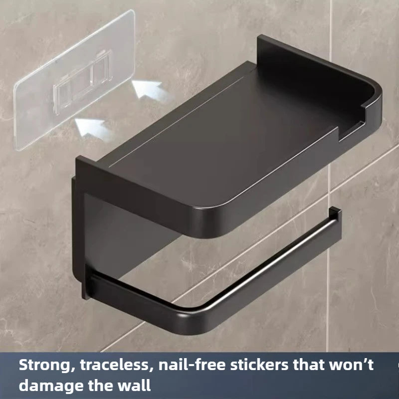 ‌Wall-Mounted Toilet Paper Holder with Phone Rack - No Hole Installation, Space-Saving Storage for Bathroom, Sturdy Stand