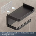 ‌Wall-Mounted Toilet Paper Holder with Phone Rack - No Hole Installation, Space-Saving Storage for Bathroom, Sturdy Stand