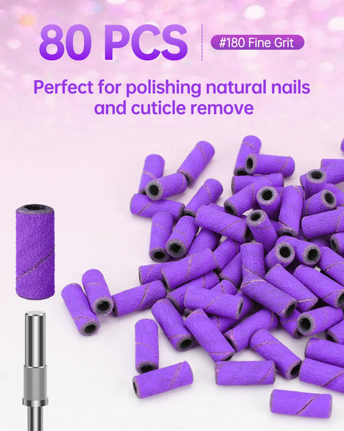 180/240 Fine Grit Small Nail Sanding Bands for Nail Drill, 80 Pcs Nail File Sanding Bands with Drill Bits for Manicure Pedicure