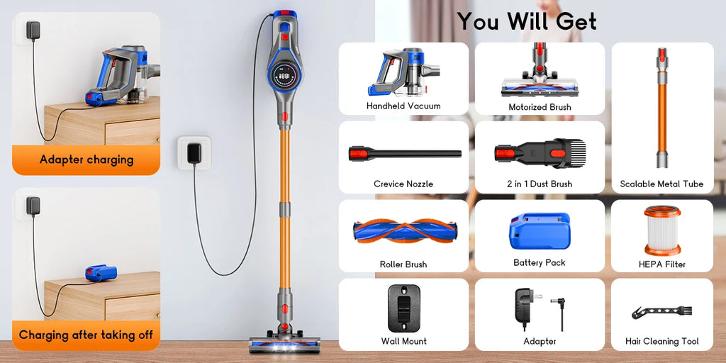 Honki 78KPA Cordless Vacuum Cleaner with LED High Power Strong Suction Wet and Dry Handheld Vacuum Cleaner for Pet Hair Carpet