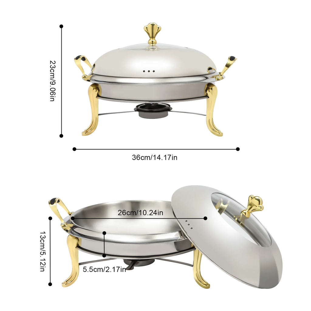 2.5L/2.64QT Round Chafing Dish Buffet Set Stainless Steel Servers Warmers with Visible Window & Fuel Holders Warming Tray for Hotels Buffets Restaurants Family Gatherings 36*36*23cm