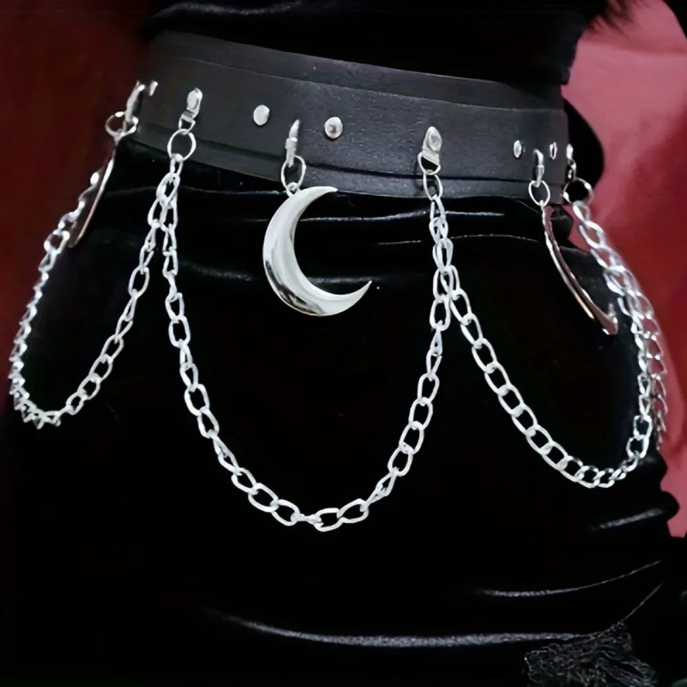 Witches vegan leather statement belt Moon Heart Circle chain belt goth rock Vintage Waistband For Women Girls