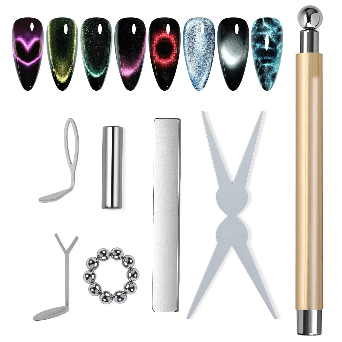 17Pcs Nail Art Nail Magnetic Stick Set Cat Eye Magnetic Ball Aluminum Handle Cylindrical UV Gel Magnet Tools Nail Design Tools