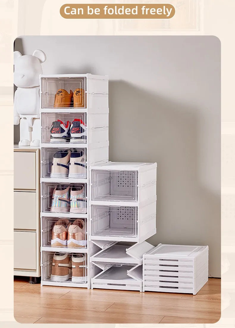 Foldable Clear Shoe Storage Organizer, Stackable Dustproof Thickened Sneaker, Shoe Box Rack Cabinet for Closet Dorm Apartment